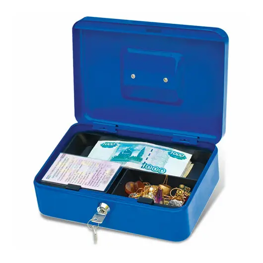 Ящик для денег, ценностей, документов, печатей, 90х180х250 мм, ключевой замок, синий, BRAUBERG, 290335, фото 5
