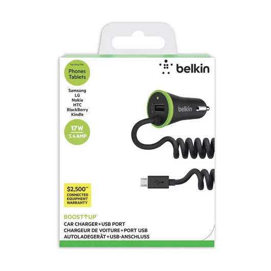 Зарядное устройство автомобильное BELKIN Boost Up,1 порт USB, кабель microUSB 1,2 м, выходной ток 2.1/3., F8M890bt04-BLK, фото 4