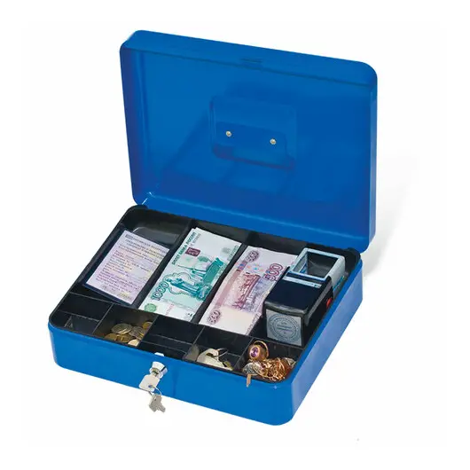 Ящик для денег, ценностей, документов, печатей, 90х240х300 мм, ключевой замок, синий, BRAUBERG, 290336, фото 5