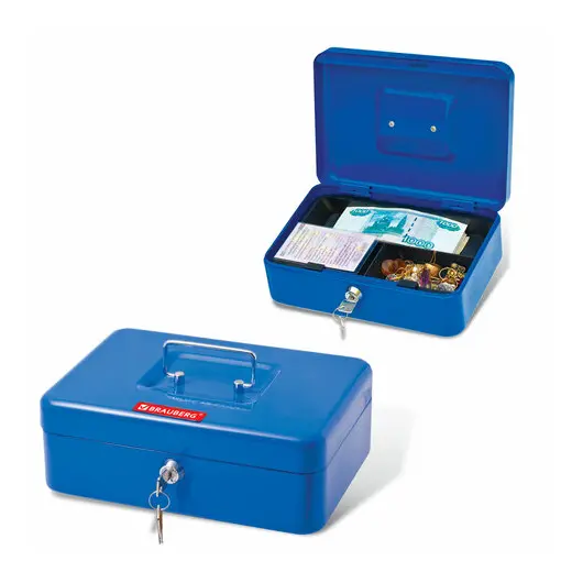 Ящик для денег, ценностей, документов, печатей, 90х180х250 мм, ключевой замок, синий, BRAUBERG, 290335, фото 1
