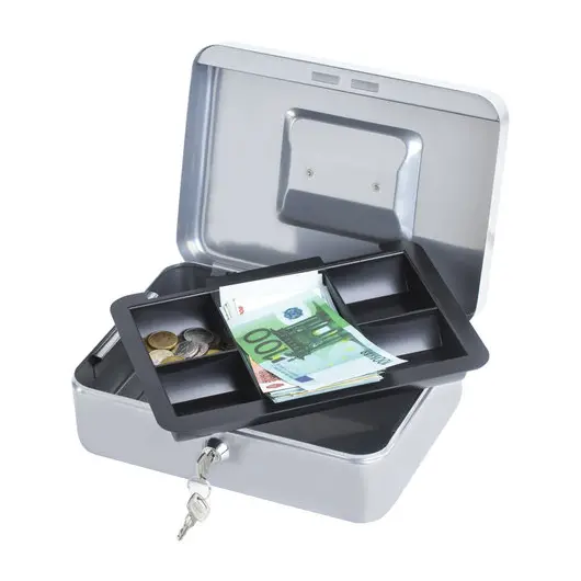 Ящик для денег, ценностей, документов, печатей, 90х180х250 мм, ключевой замок, серебристый, BRAUBERG, 291059, фото 4