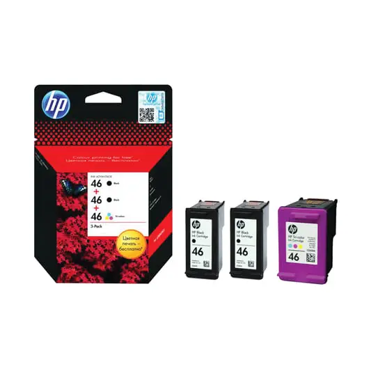 Картридж струйный HP (F6T40AE) Deskjet Ink Advantage 2020hc/2520hc, №46, комплект, 2 черных и 1 цветной, оригинальный, фото 1