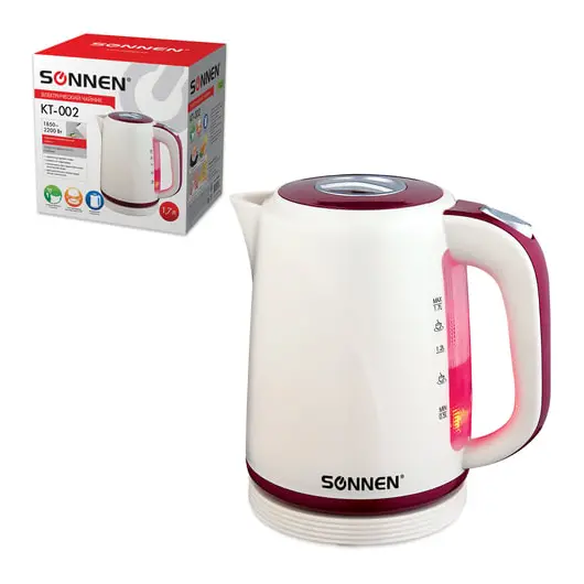 Чайник SONNEN KT-002, 1,7 л, 2200 Вт, закрытый нагревательный элемент, пластик, бежевый/красный, 451711, фото 1