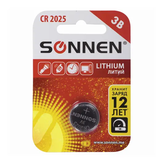 Батарейка SONNEN Lithium, CR2025, литиевая, 1 шт., в блистере, 451973, фото 1
