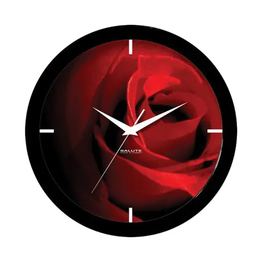 Часы настенные САЛЮТ П-Б6-400, круг, черные с рисунком &quot;Роза&quot;, черная рамка, 28х28х4 см, фото 1