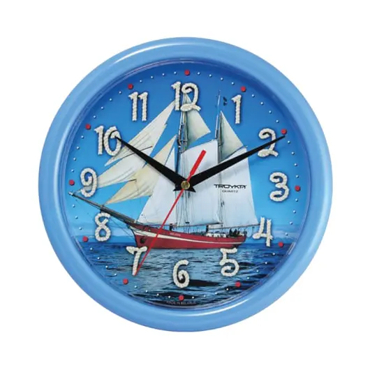 Часы настенные TROYKA 21241250, круг, голубые с рисунком &quot;Парусник&quot;, голубая рамка, 24,5х24,5х3,1 см, фото 1
