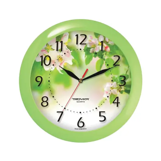 Часы настенные TROYKA 11121186, круг, белые с рисунком &quot;Весна&quot;, зеленая рамка, 29х29х3,5 см, фото 1