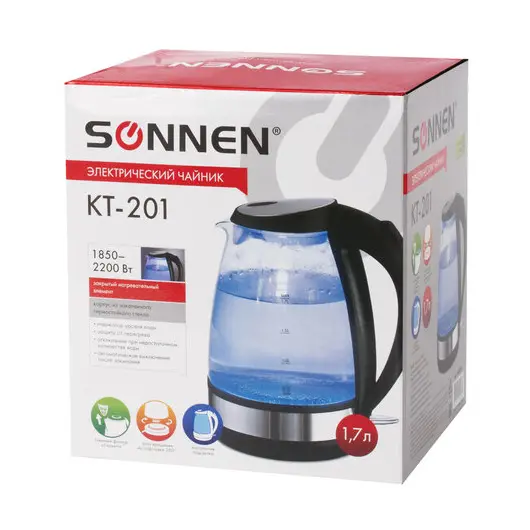 Чайник SONNEN KT-201, 1,7 л, 2200 Вт, закрытый нагревательный элемент, стекло, подсветка, черный, 451712, фото 10