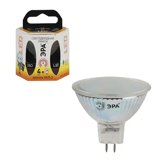 Лампа светодиодная ЭРА, 4 (35) Вт, цоколь GU5.3, MR16, теплый белый свет, 30000 ч., LED smdMR16-4w-827-GU5.3, фото 1