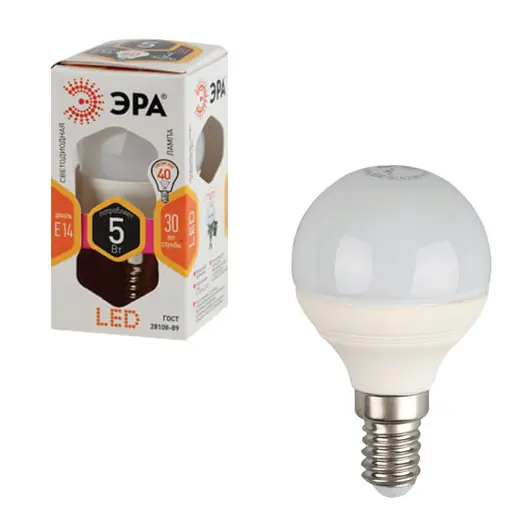 Лампа светодиодная ЭРА, 5 (40) Вт, цоколь E14, шар, теплый белый свет, 30000 ч., LED smdP45-5w-827-E14, фото 1