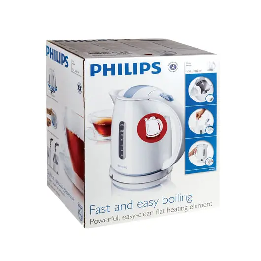 Чайник PHILIPS HD4646/40, закрытый нагревательный элемент, объем 1,5 л, мощность 2400 Вт, пластик, белый с красным, фото 2