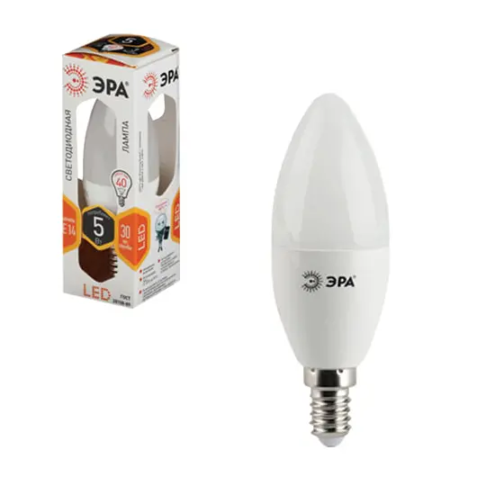 Лампа светодиодная ЭРА, 5 (40) Вт, цоколь E14, &quot;свеча&quot;, теплый белый свет, 30000 ч., LED smdB35-5w-827-E14, фото 1