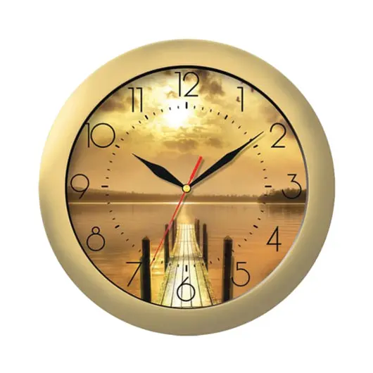 Часы настенные TROYKA 11171146, круг, с рисунком &quot;Закат&quot;, золотая рамка, 29х29х3,5 см, фото 1