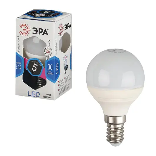 Лампа светодиодная ЭРА, 5 (40) Вт, цоколь E14, шар, холодный белый свет, 30000 ч., LED smdP45-5w-840-E14, фото 1