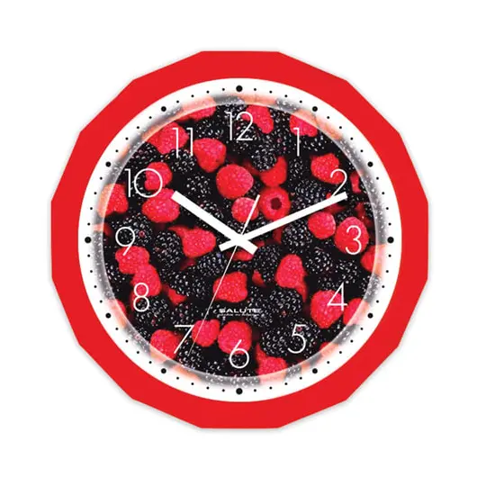 Часы настенные САЛЮТ П-Г1-190, многоугольник, с рисунком &quot;Ягоды&quot;, красная рамка, 28х28х4 см, фото 1