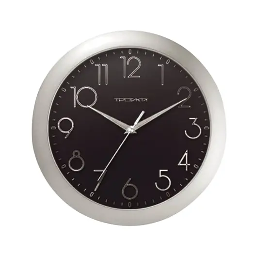 Часы настенные TROYKA 11170182, круг, черные, серебристая рамка, 29х29х3,5 см, фото 1