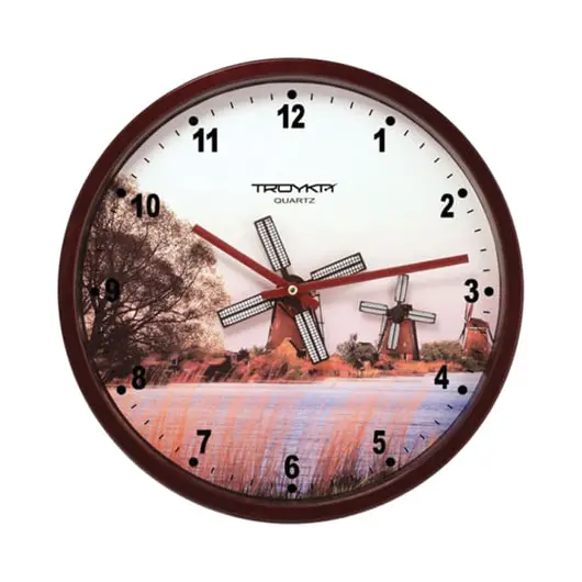 Часы настенные TROYKA 44031441, круг, белые с рисунком &quot;Мельница&quot;, коричневая рамка, 29,5х29,5х5,4 см, фото 1