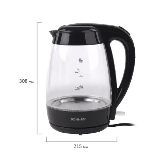Чайник SONNEN KT-200BK, 1,7 л, 2200 Вт, закрытый нагревательный элемент, стекло, подсветка, черный, 451709, фото 11