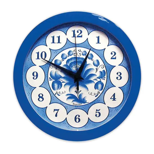 Часы настенные САЛЮТ П-Б4-169, круг, голубые с рисунком &quot;Гжель&quot;, синяя рамка, 28х28х4 см, фото 1