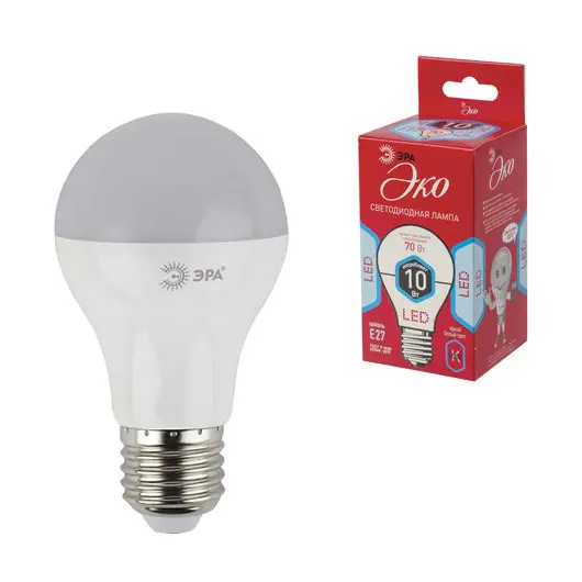Лампа светодиодная ЭРА, 10 (70) Вт, цоколь E27, грушевидная, холодный белый свет, 25000 ч., LED smdA60-10w-840-E27ECO, фото 1