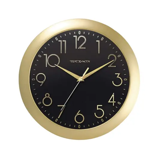 Часы настенные TROYKA 11171180, круг, черные, золотая рамка, 29х29х3,5 см, фото 1