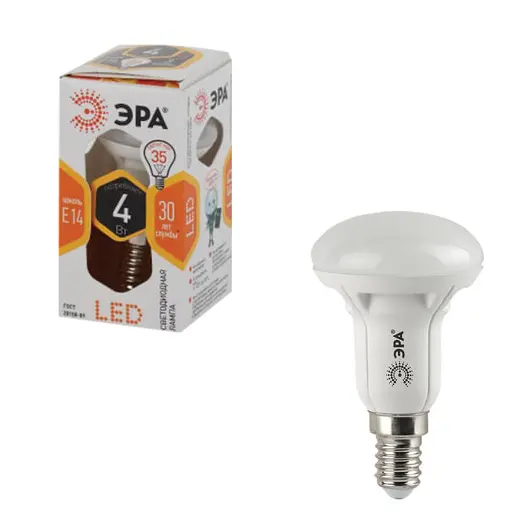 Лампа светодиодная ЭРА, 4 (30) Вт, цоколь E14, рефлектор, теплый белый свет, 25000 ч., LED smdR39-4w-827-E14ECO, фото 1