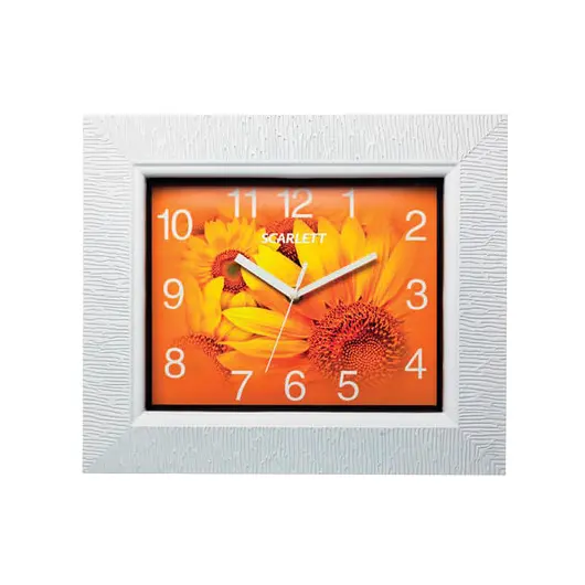 Часы настенные SCARLETT SC-25O, квадрат, оранжевые с рисунком &quot;Подсолнухи&quot;, белая рамка, 33,2x28,2x5,2 см, SC - 25O, фото 1