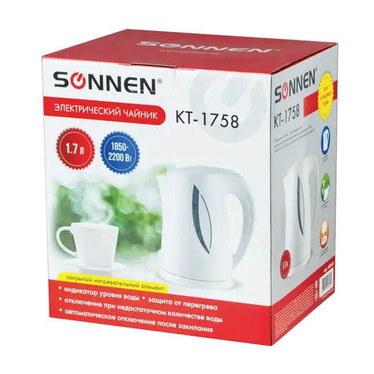 Чайник SONNEN KT-1758, 1,7 л, 2200 Вт, закрытый нагревательный элемент, пластик, белый, 453415, фото 7