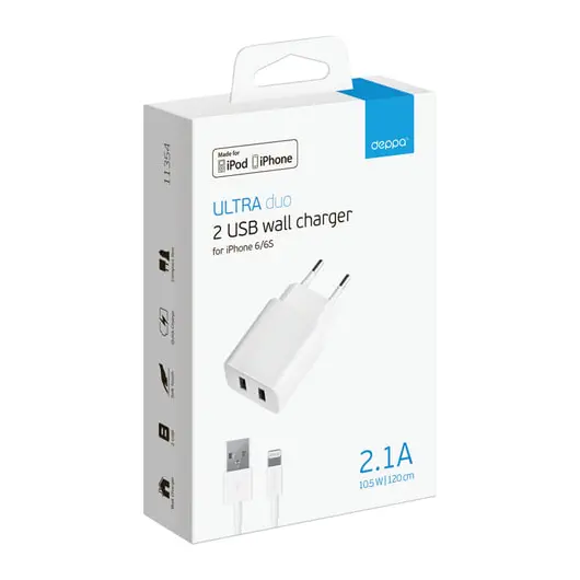 Зарядное устройство сетевое (220 В) DEPPA Ultra, кабель Lightning 1,2 м, 2 порта USB, 11306, фото 3