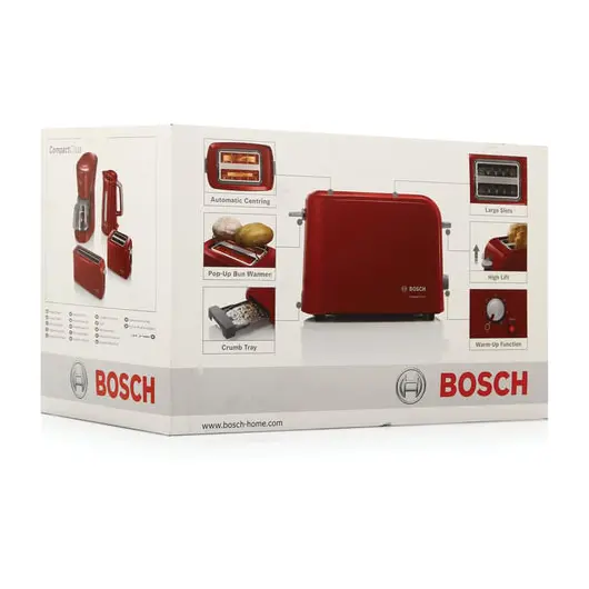 Тостер BOSCH TAT3A014, 900 Вт, 2 тоста, разморозка, подогрев, решетка для булочек, пластик, красный, фото 5
