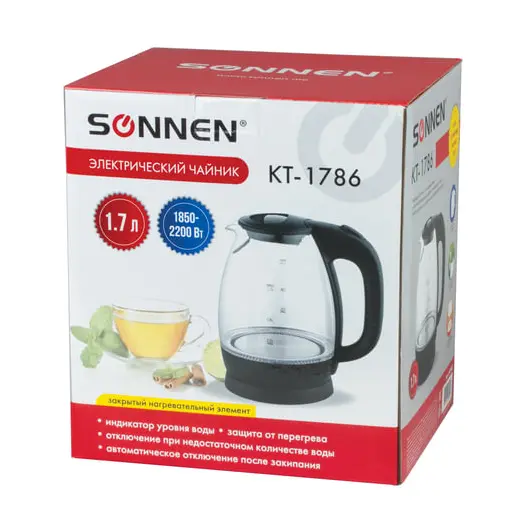 Чайник SONNEN KT-1786, 1,7 л, 2200 Вт, закрытый нагревательный элемент, стекло, 453422, фото 8