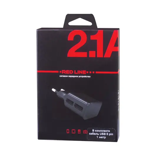 Зарядное устройство сетевое (220 В), RED LINE NT-2A, кабель для IPhone (iPad) 1 м, 2 порта USB, выходной ток 2,1 А,черное, УТ000012286, фото 3