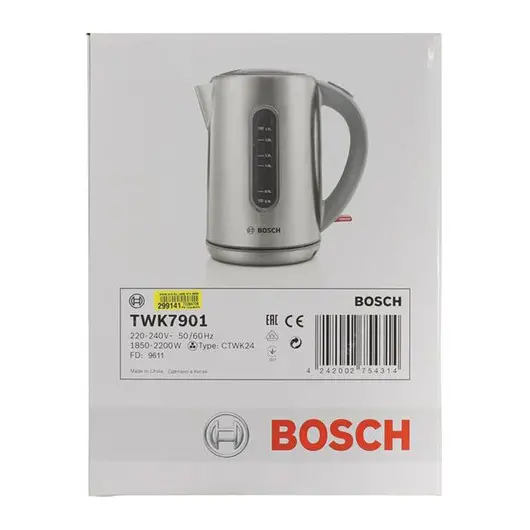 Чайник BOSCH TWK7901, 1,7 л, 2200 Вт, закрытый нагревательный элемент, нержавеющая сталь, серебристый, фото 5