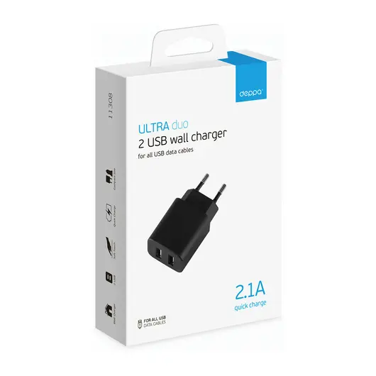 Зарядное устройство сетевое (220 В) DEPPA Ultra, 2 порта USB, выходной ток 2,1 А, черное, 11308, фото 4