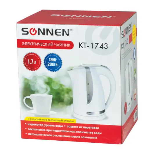 Чайник SONNEN KT-1743, 1,7 л, 2200 Вт, закрытый нагревательный элемент, пластик, белый, 453414, фото 7