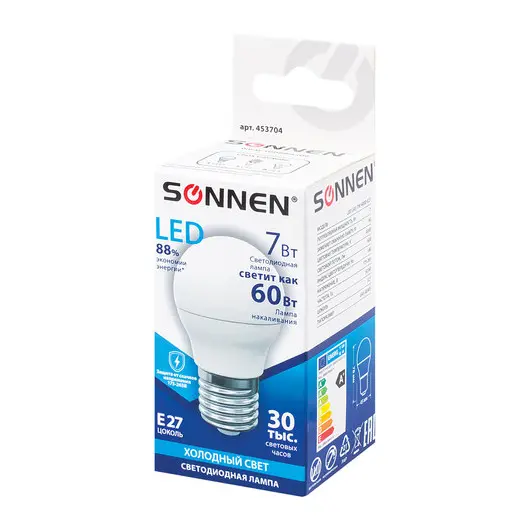 Лампа светодиодная SONNEN, 7 (60) Вт, цоколь E27, шар, холодный белый свет, LED G45-7W-4000-E27, 453704, фото 2