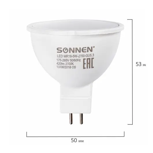 Лампа светодиодная SONNEN, 5 (40) Вт, цоколь GU5.3, теплый белый свет, LED MR16-5W-2700-GU5.3, 453713, фото 4