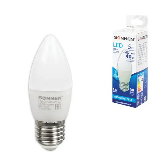 Лампа светодиодная SONNEN, 5 (40) Вт, цоколь E27, свеча, холодный белый свет, LED C37-5W-4000-E27, 453708, фото 1
