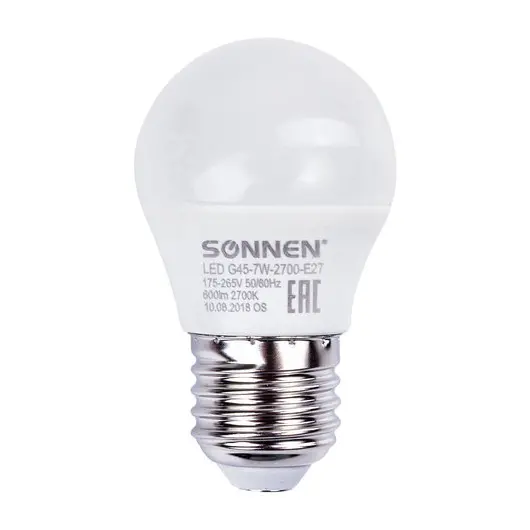Лампа светодиодная SONNEN, 7 (60) Вт, цоколь E27, шар, теплый белый свет, LED G45-7W-2700-E27, 453703, фото 3