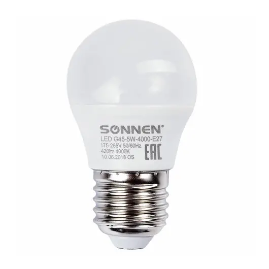 Лампа светодиодная SONNEN, 5 (40) Вт, цоколь E27, шар, холодный белый свет, LED G45-5W-4000-E27, 453700, фото 2
