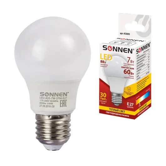 Лампа светодиодная SONNEN, 7 (60) Вт, цоколь E27, грушевидная, теплый белый свет, LED A55-7W-2700-E27, 453693, фото 1