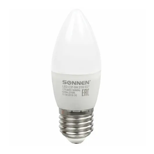 Лампа светодиодная SONNEN, 5 (40) Вт, цоколь E27, свеча, теплый белый свет, LED C37-5W-2700-E27, 453707, фото 2