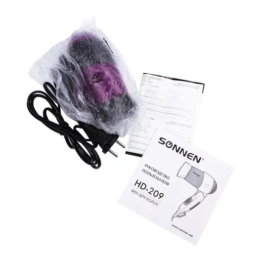 Фен SONNEN HD-209, 1200 Вт, 2 скоростных режима, складная ручка, черный/фиолетовый, 453501, фото 6