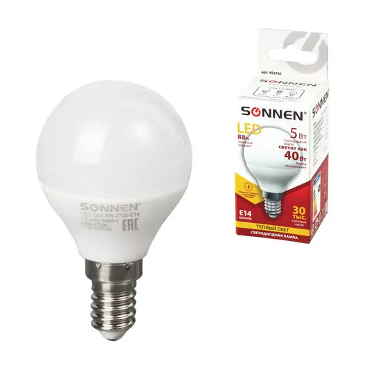 Лампа светодиодная SONNEN, 5 (40) Вт, цоколь E14, шар, теплый белый свет, LED G45-5W-2700-E14, 453701, фото 1