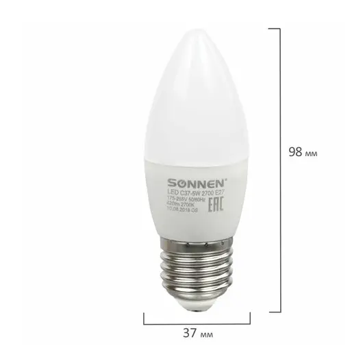 Лампа светодиодная SONNEN, 5 (40) Вт, цоколь E27, свеча, теплый белый свет, LED C37-5W-2700-E27, 453707, фото 4