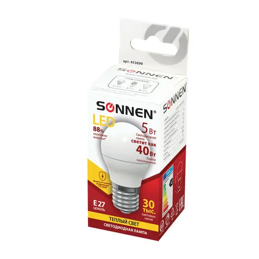 Лампа светодиодная SONNEN, 5 (40) Вт, цоколь E27, шар, теплый белый свет, LED G45-5W-2700-E27, 453699, фото 3