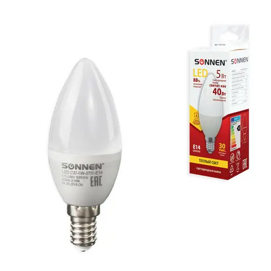 Лампа светодиодная SONNEN, 5 (40) Вт, цоколь Е14, свеча, теплый белый свет, LED C37-5W-2700-E14, 453709, фото 1