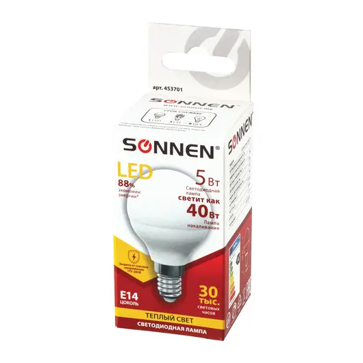 Лампа светодиодная SONNEN, 5 (40) Вт, цоколь E14, шар, теплый белый свет, LED G45-5W-2700-E14, 453701, фото 2