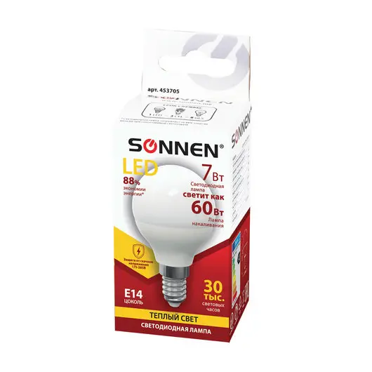 Лампа светодиодная SONNEN, 7 (60) Вт, цоколь Е14, шар, теплый белый свет, LED G45-7W-2700-E14, 453705, фото 2