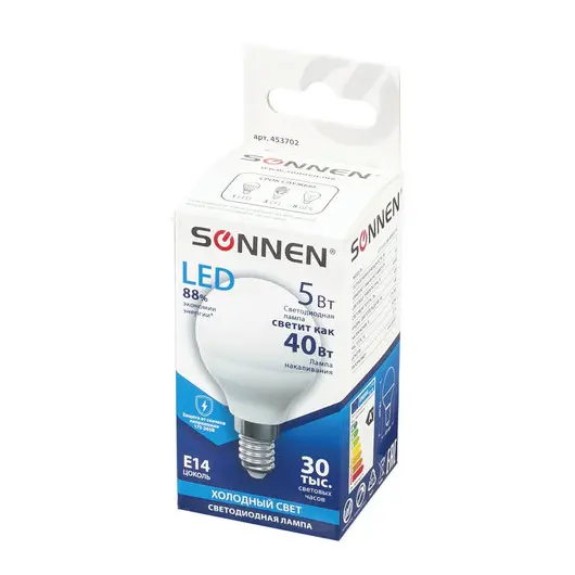 Лампа светодиодная SONNEN, 5 (40) Вт, цоколь E14, шар, холодный белый свет, LED G45-5W-4000-E14, 453702, фото 2